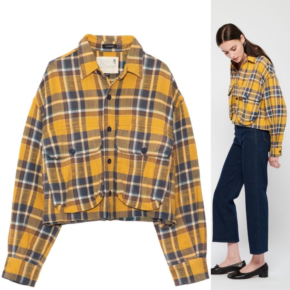 R13 Yellow Plaid Flannel Cropped Button-Up Shirt